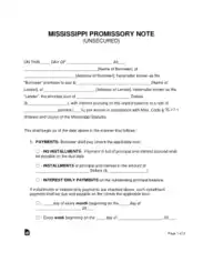 Mississippi Unsecured Promissory Note Form Template