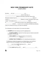 New York Unsecured Promissory Note Form Template