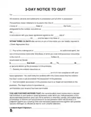 3 Day Eviction Notice To Quit Form Template