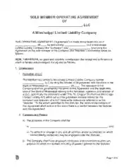 Free Download PDF Books, Mississippi Single Member LLC Operating Agreement Form Template