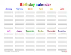 Yearly Birthday Calendar Template