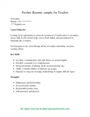 Sample Fresher CV for Teacher Template