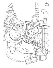 Christmas Santa Delivering Gifts Into Stockings Coloring Template