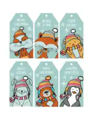 Christmas Tags Animals Winter Hats Scarfs Bright Colorful Coloring Template