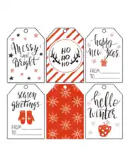 Free Download PDF Books, Christmas Tags Red Black Gold Snowflakes Mittens Hot Cocoa Deer Swirly Font Coloring Template