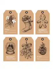 Free Download PDF Books, Christmas Tags Sketch Pine Cone Snowglobe Mistletoe Gingerbread Stocking Coloring Template