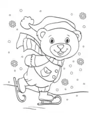 Winter Cute Bear Ice Skating Snowflakes Coloring Templat