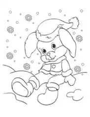 Winter Cute Rabbit Sitting In Snow Coloring Templat