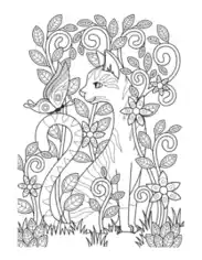 Detailed Cat Garden Butterfly Cat Coloring Template