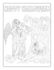 Halloween Goth Fairy Spooky Tree Pumpkins Coloring Template